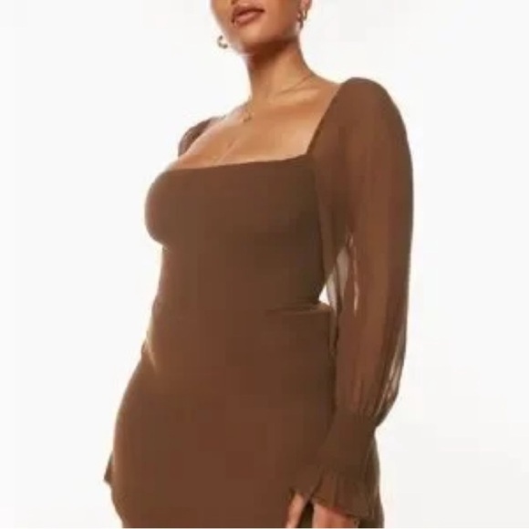 Wilfred Aritzia Emmylou Brown Cognac Square Neck Mini Dress Women’s 10 Chiffon - Picture 14 of 14